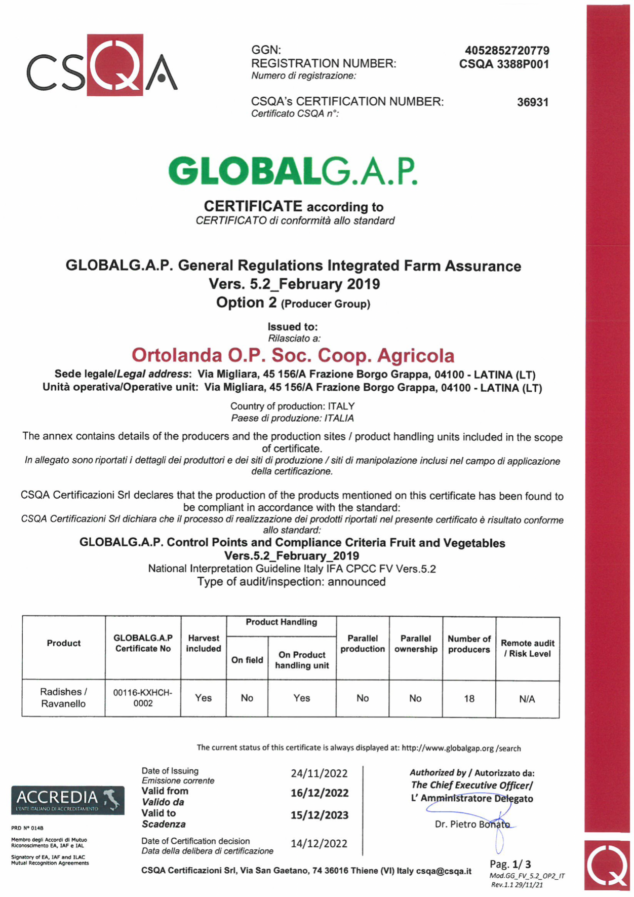 Ortolanda OP Certificato Globalgap