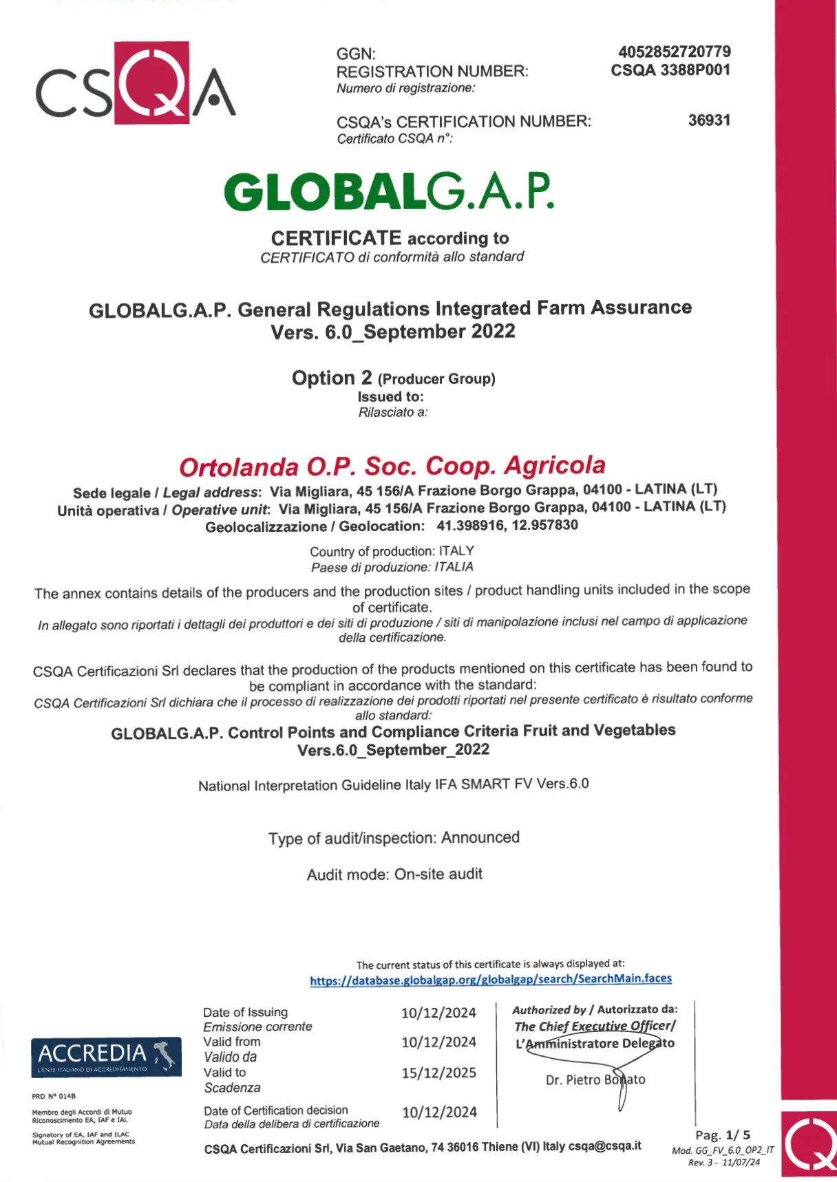 GlobalGAP 2024 Borgo Grappa